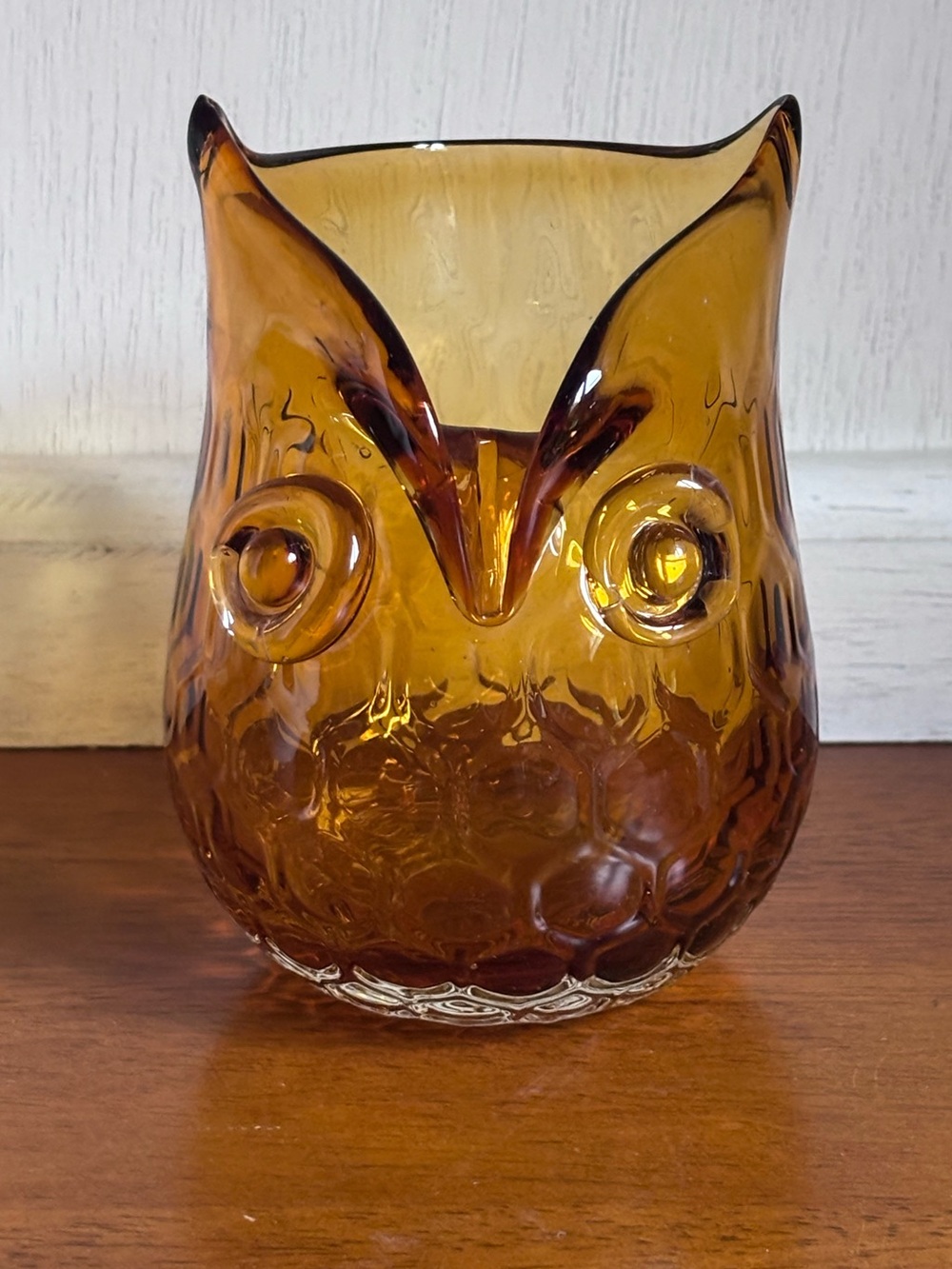 Vintage Amber Owl Art Glass Vase • MCM Style • Textured Glass • 5”